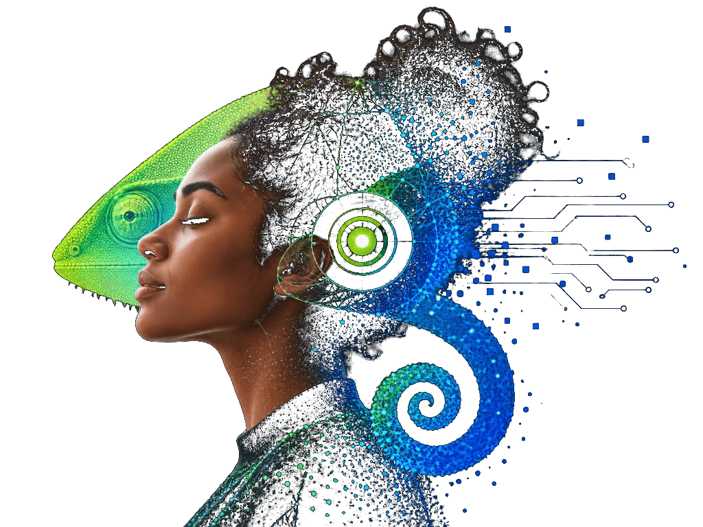 A human profile with adaptive digital geometry emerging around it — technology extending human capability.