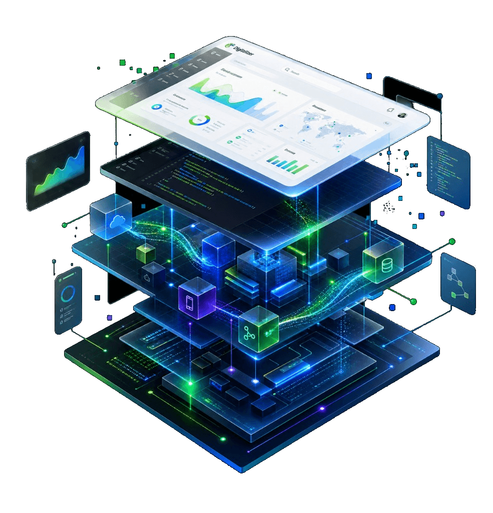 An exploded software architecture: interface, code, systems and infrastructure stacked as connected planes.