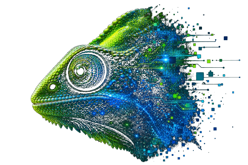 A chameleon dissolving from living green scales into digital blue fragments — adaptation between nature and technology.