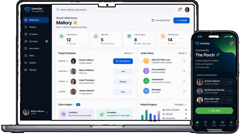LoveJoy Health digital platform shown across web and mobile interfaces.